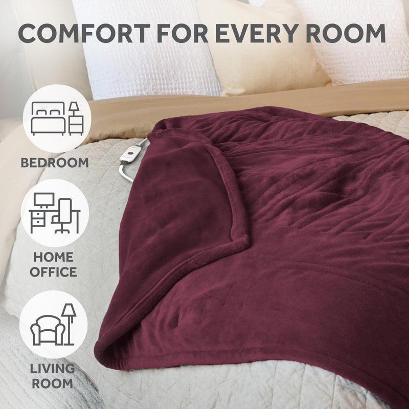 Sunbeam Electric Throw Royal Luxe Microplush Heated Blanket, 4 Heat Settings, 4-Hour Auto Shut-Off, Fast Heating, Warm and Cozy, Cabernet Red Color, 50" x 60" - Image 5